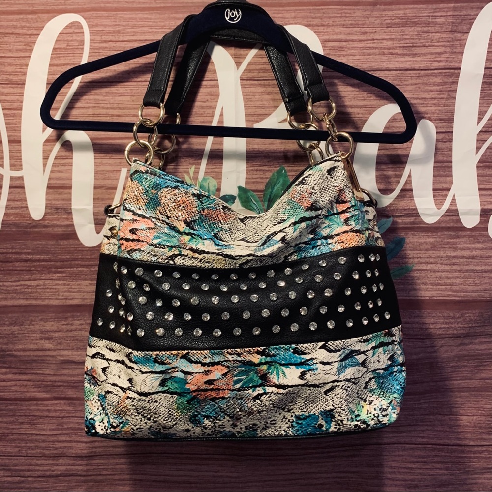 Black Satchel w/ Print/ Stones/ Gold Hardware